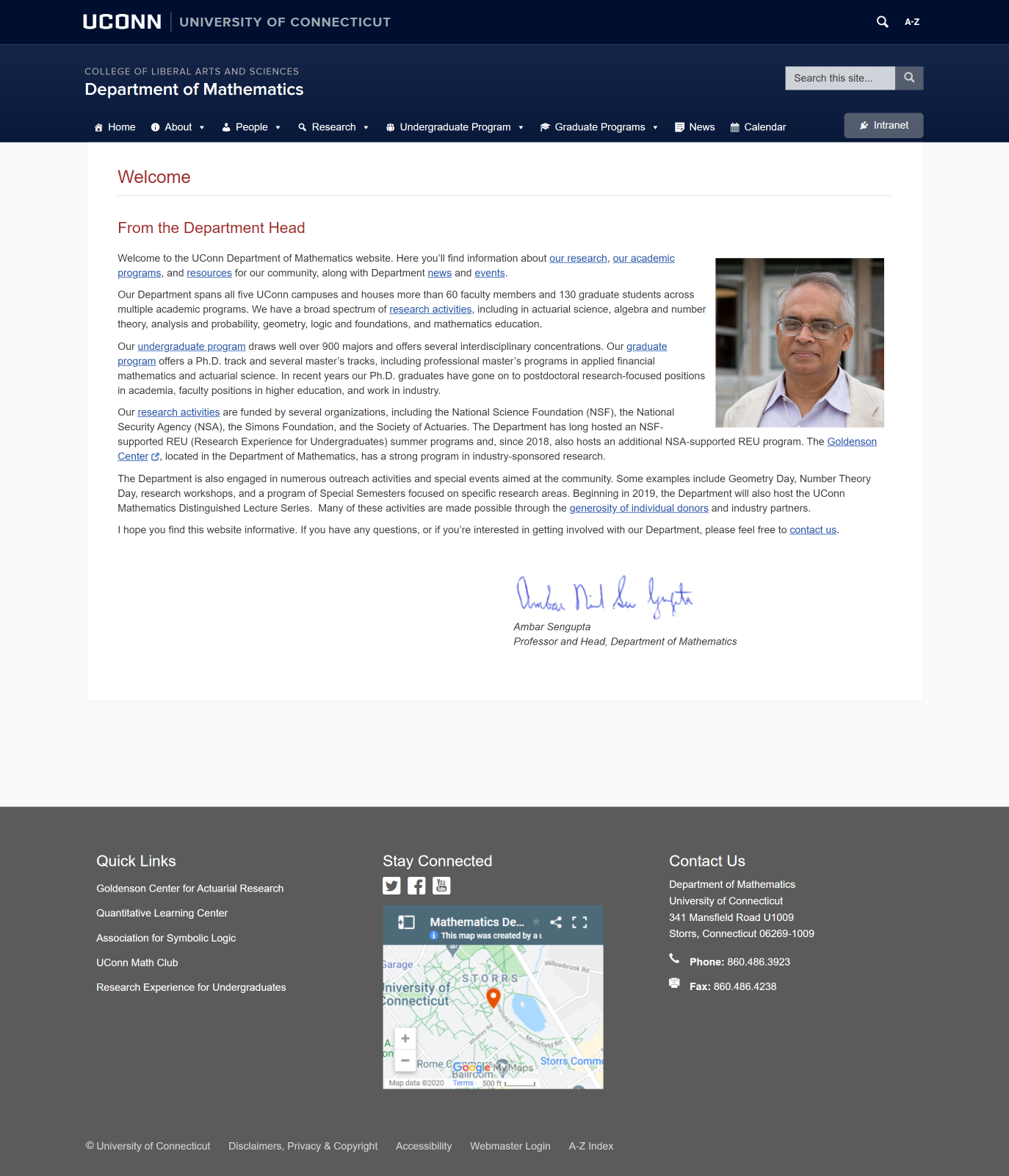 Screenshot of an interior page of the Department of Mathematics website