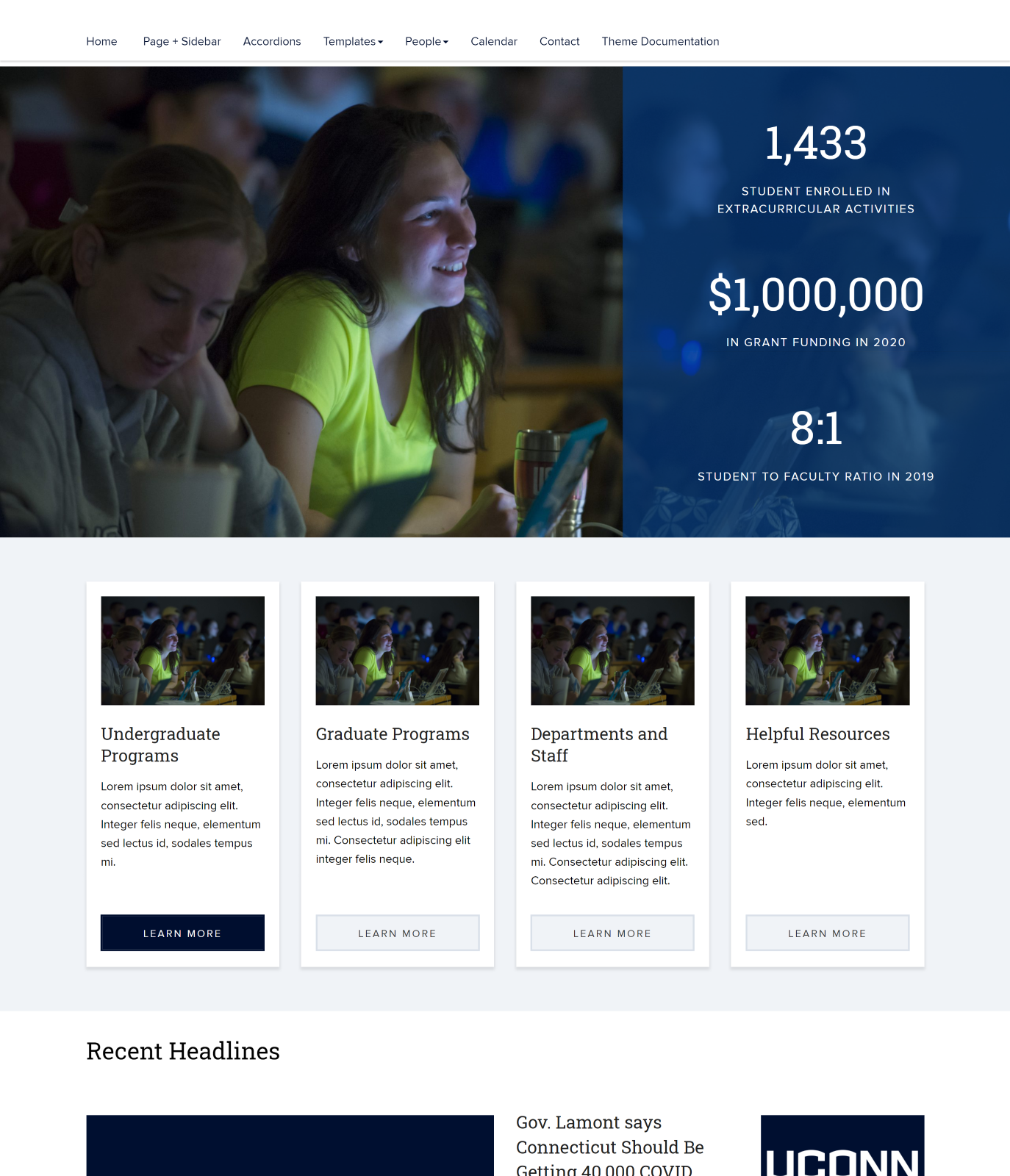 Screenshot of an interior page of the Schools and Colleges Template website