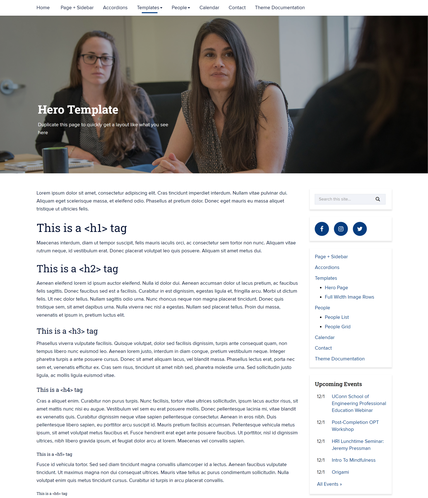 Screenshot of an interior page of the Schools and Colleges Template website