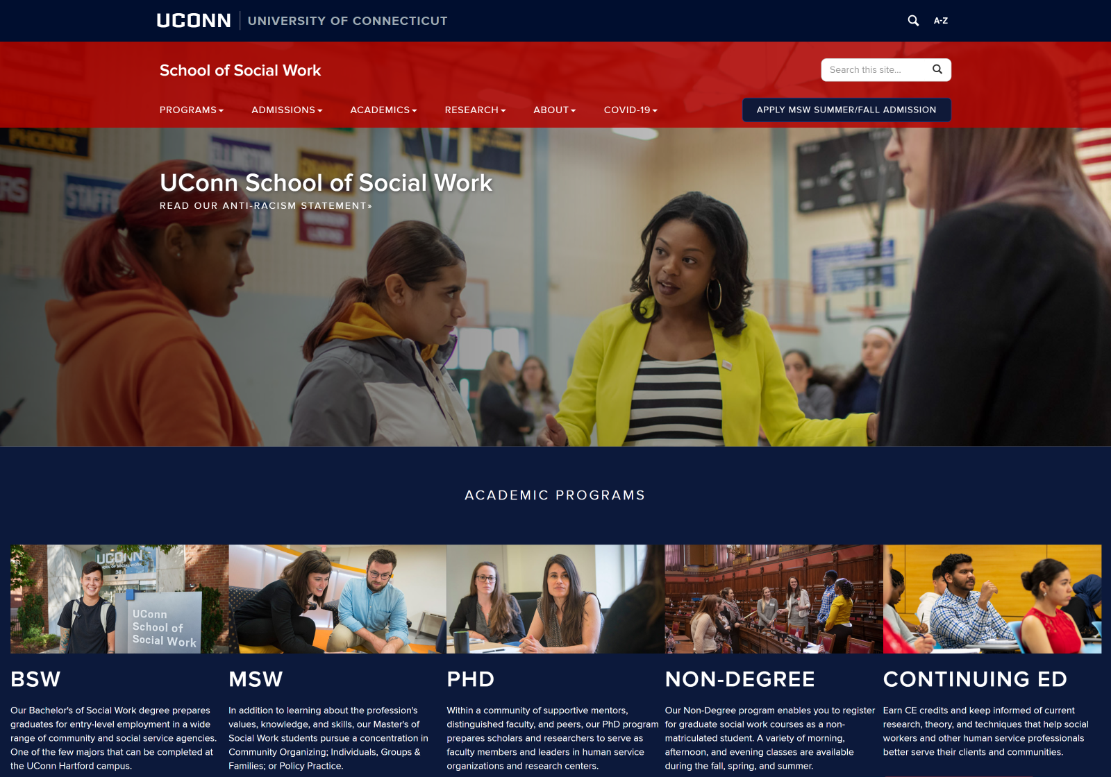 Desktop view of the School of Social Work website